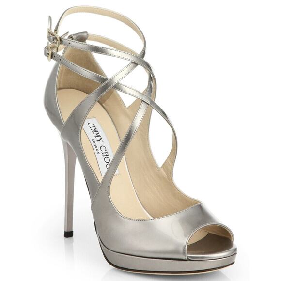 Jimmy Choo Beige Metallic Patent Atlas Strappy Platform Sandals - Picture 3 of 10
